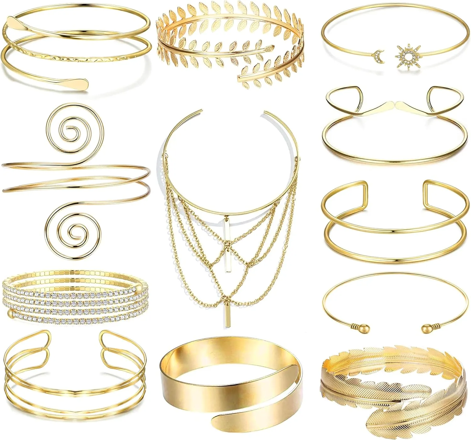 12 Pcs Arm Cuff Gold Upper Arm Bracelet Cuff Band Bangle Armlet Armband Adjustable Arm Accessories Jewelry