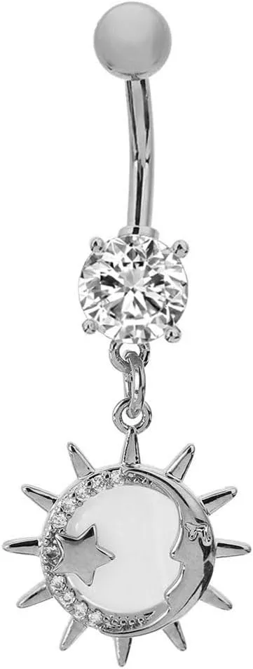 14G Moonstone Sun Star Dangle Belly Button Ring for Women Men Stainless Steel Crystal Bohemia Sunburst Charm Navel Rings Curved Barbell Cubic Zirconia Boho Sunshine Summer Beach Body Piercing Jewelry