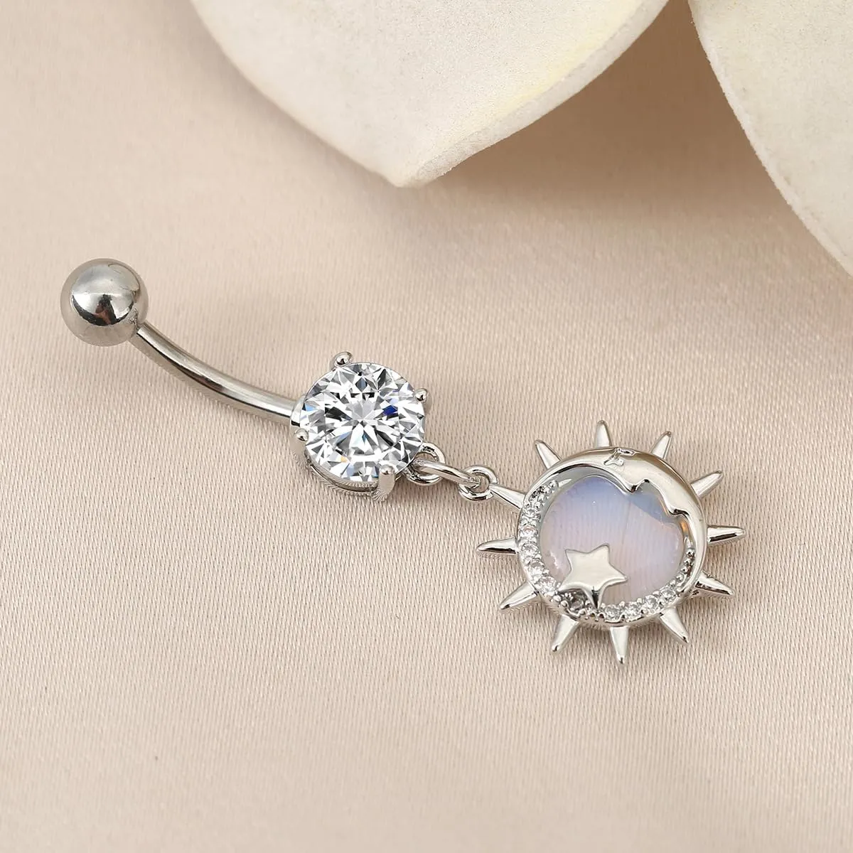 14G Moonstone Sun Star Dangle Belly Button Ring for Women Men Stainless Steel Crystal Bohemia Sunburst Charm Navel Rings Curved Barbell Cubic Zirconia Boho Sunshine Summer Beach Body Piercing Jewelry