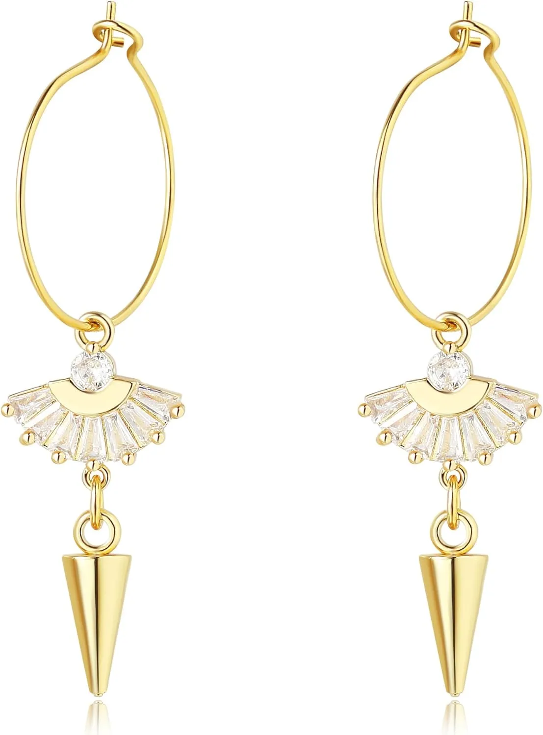 14k Gold Plated Geometric Drop Earrings with Fan-Shaped Zirconia - Hypoallergenic Dangle Hoops, Pearl Statement Earrings, Fashion Statement, Lightweight Earrings for Women