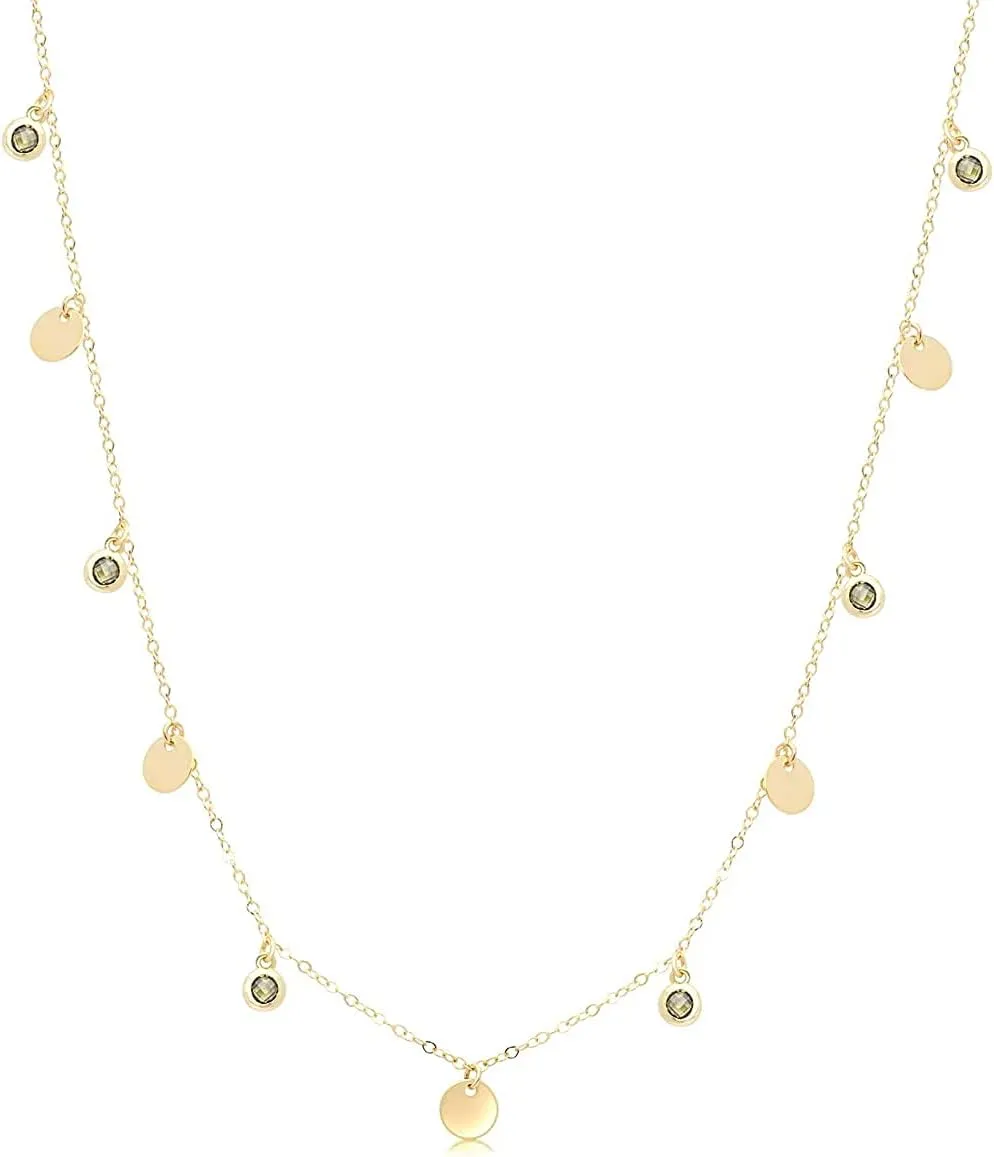 14K Solid Yellow Gold Disc Coin Green CZ Layered Choker Necklace Adjustable 16" - 20" Layering Necklace Created Gemstone Necklace Jewelry Gift For Women