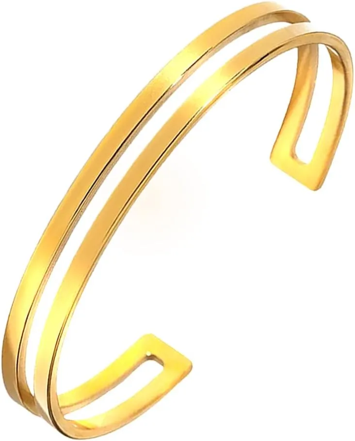 18K Gold Plated Cuff Bracelets for Women - Minimalism Parallel Lines Design, Adjustable Open Arm Cuff, Gold Bangles, Premium Quality Elegant Gold Jewelry for Women