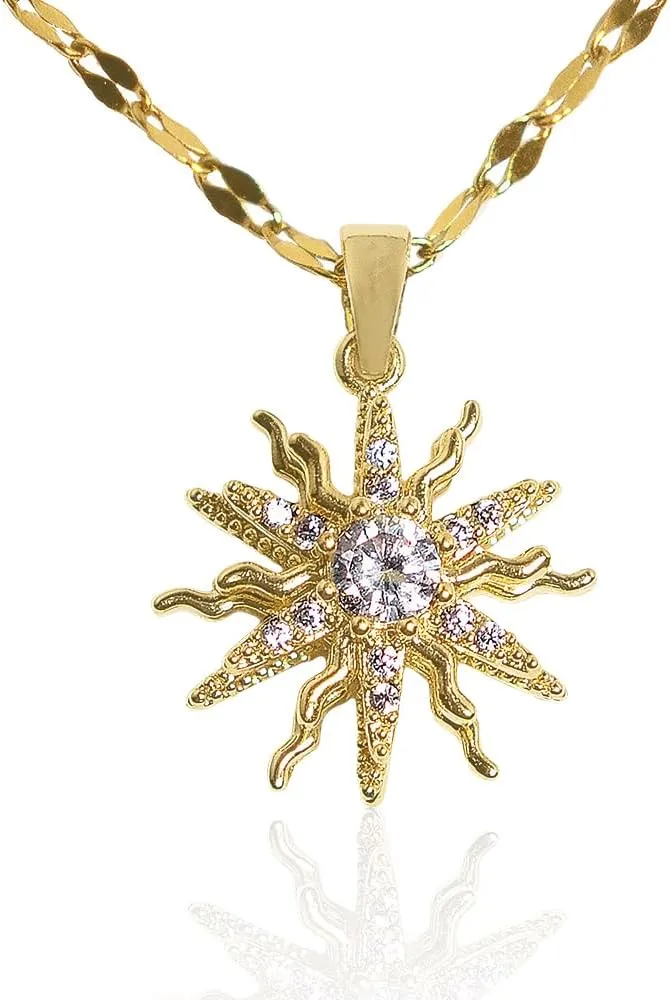 18k Gold Plated Sunburst Crystal Pendant Necklace with Dainty Chain Gift for Mothers Wife, Rhinestone Accents, Sun Star Necklace for Women