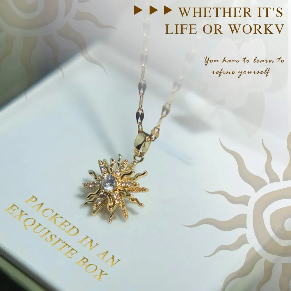 18k Gold Plated Sunburst Crystal Pendant Necklace with Dainty Chain Gift for Mothers Wife, Rhinestone Accents, Sun Star Necklace for Women
