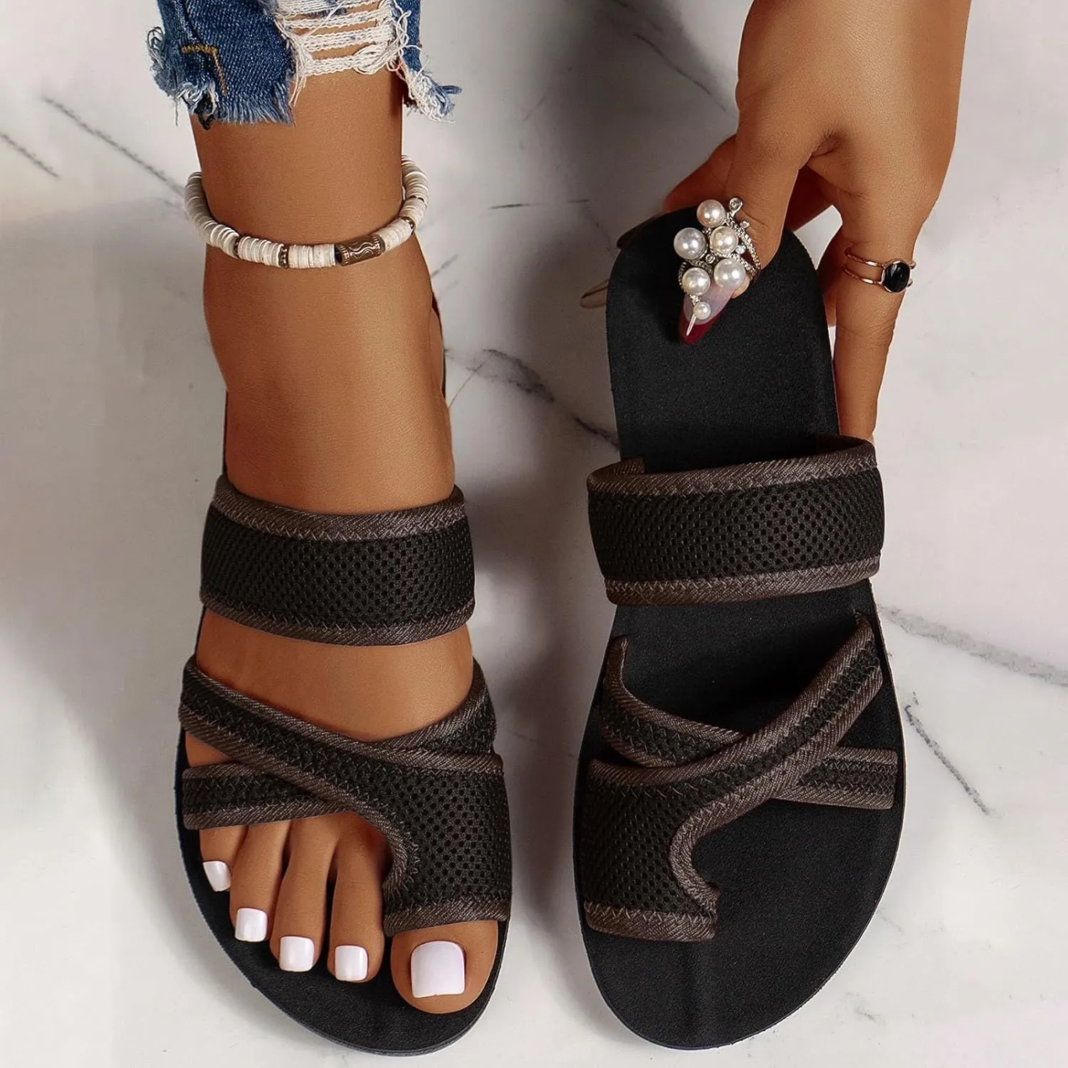 2024 Women's Hollow Mesh Slide Sandals - Orthopedic Arch Support Breathable Mesh Sandals Slip On Beach Walking Shoes