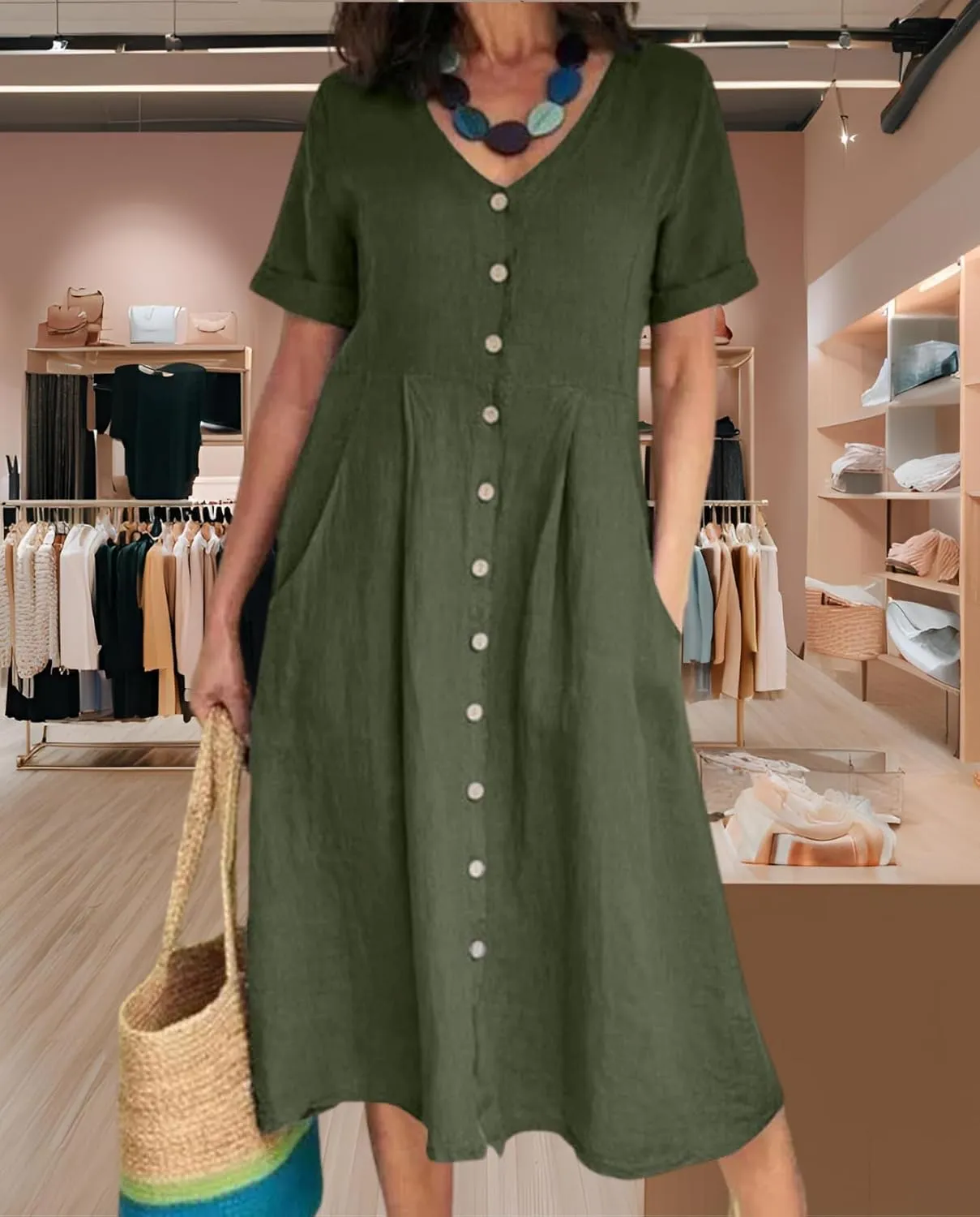 2025 Women's Cotton Linen Shirt Dress with Pockets-V-Neck Flowy Maxi Beach Dress Plus Size Empire Waist Casual Wear