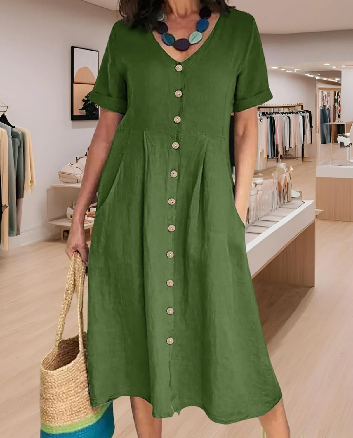 2025 Women's Cotton Linen Shirt Dress with Pockets-V-Neck Flowy Maxi Beach Dress Plus Size Empire Waist Casual Wear