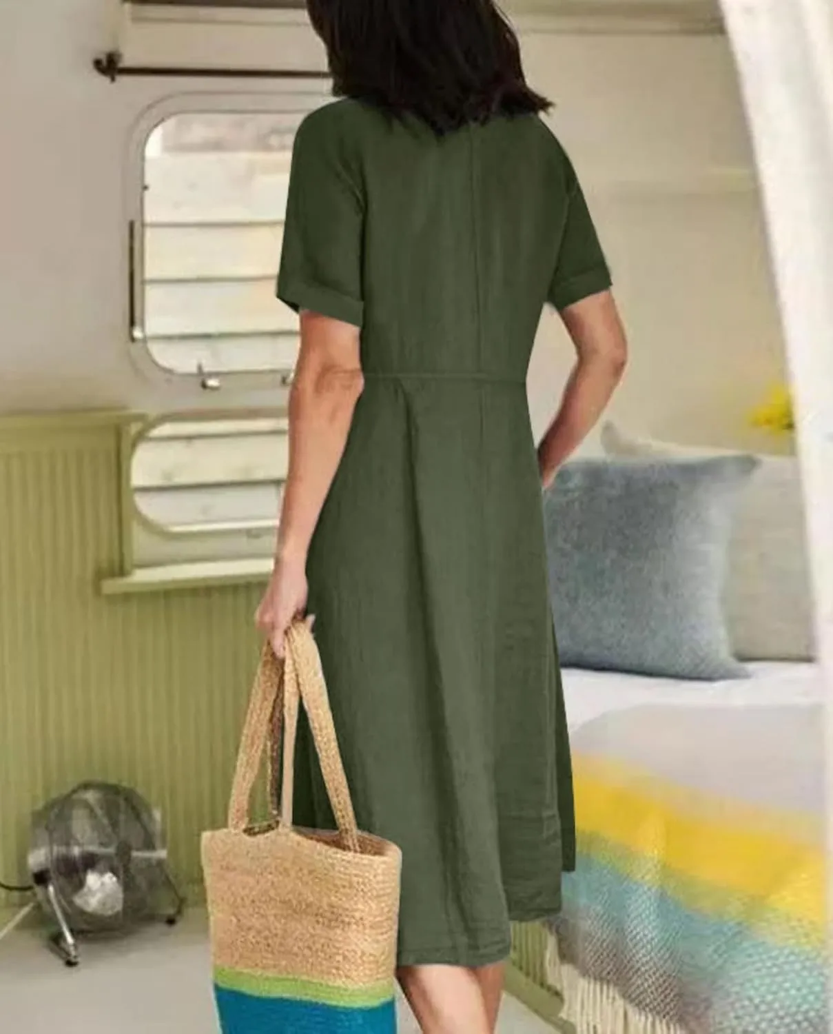 2025 Women's Cotton Linen Shirt Dress with Pockets-V-Neck Flowy Maxi Beach Dress Plus Size Empire Waist Casual Wear