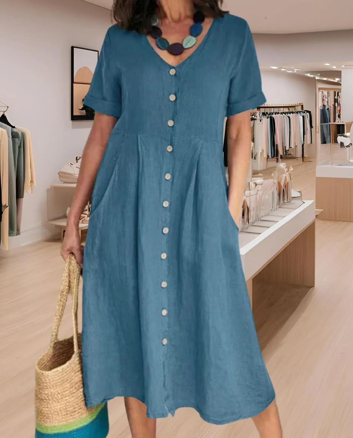 2025 Women's Cotton Linen Shirt Dress with Pockets-V-Neck Flowy Maxi Beach Dress Plus Size Empire Waist Casual Wear