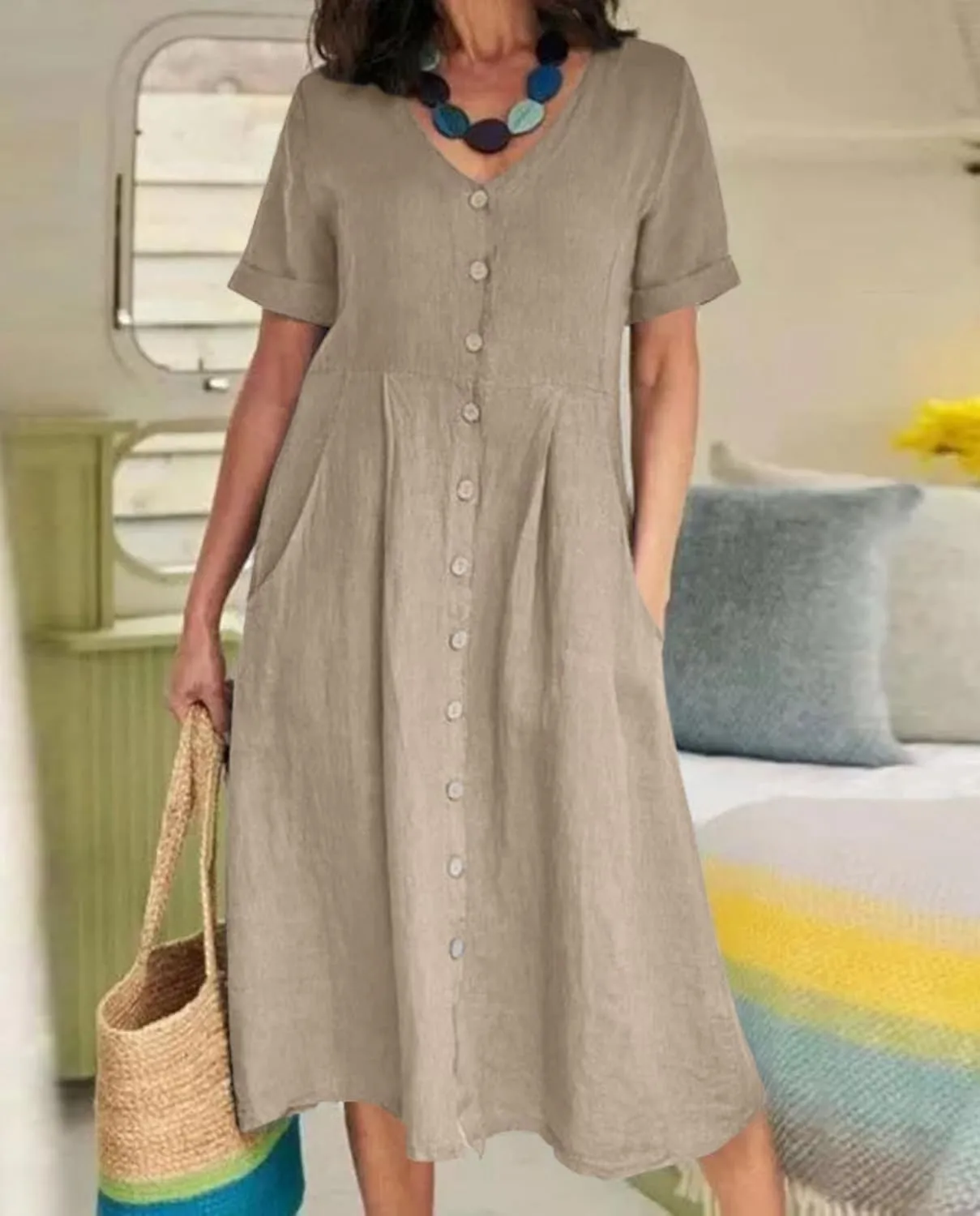 2025 Women's Cotton Linen Shirt Dress with Pockets-V-Neck Flowy Maxi Beach Dress Plus Size Empire Waist Casual Wear
