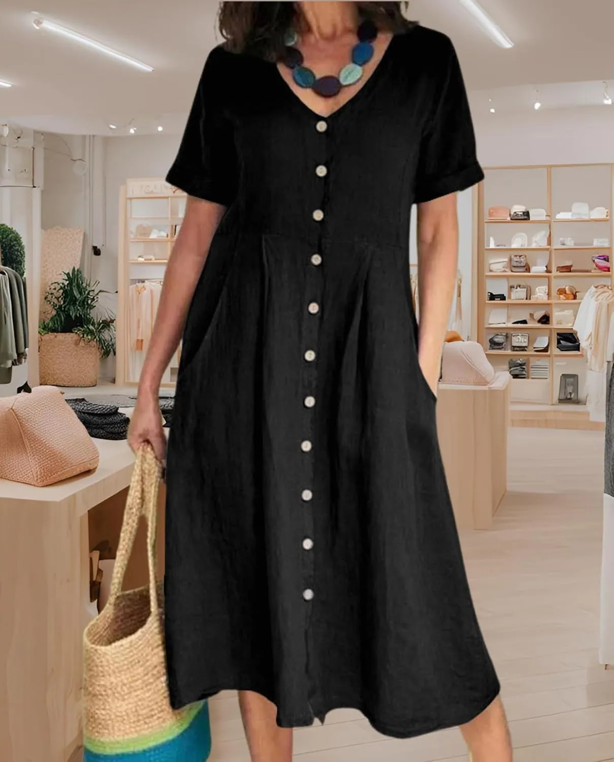 2025 Women's Cotton Linen Shirt Dress with Pockets-V-Neck Flowy Maxi Beach Dress Plus Size Empire Waist Casual Wear