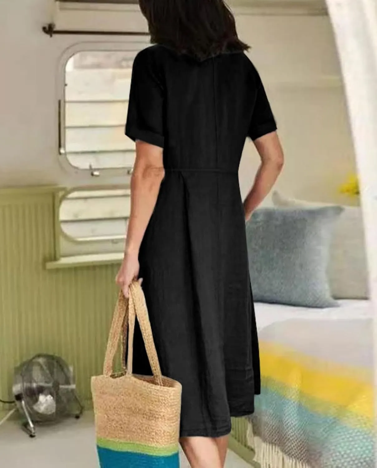 2025 Women's Cotton Linen Shirt Dress with Pockets-V-Neck Flowy Maxi Beach Dress Plus Size Empire Waist Casual Wear