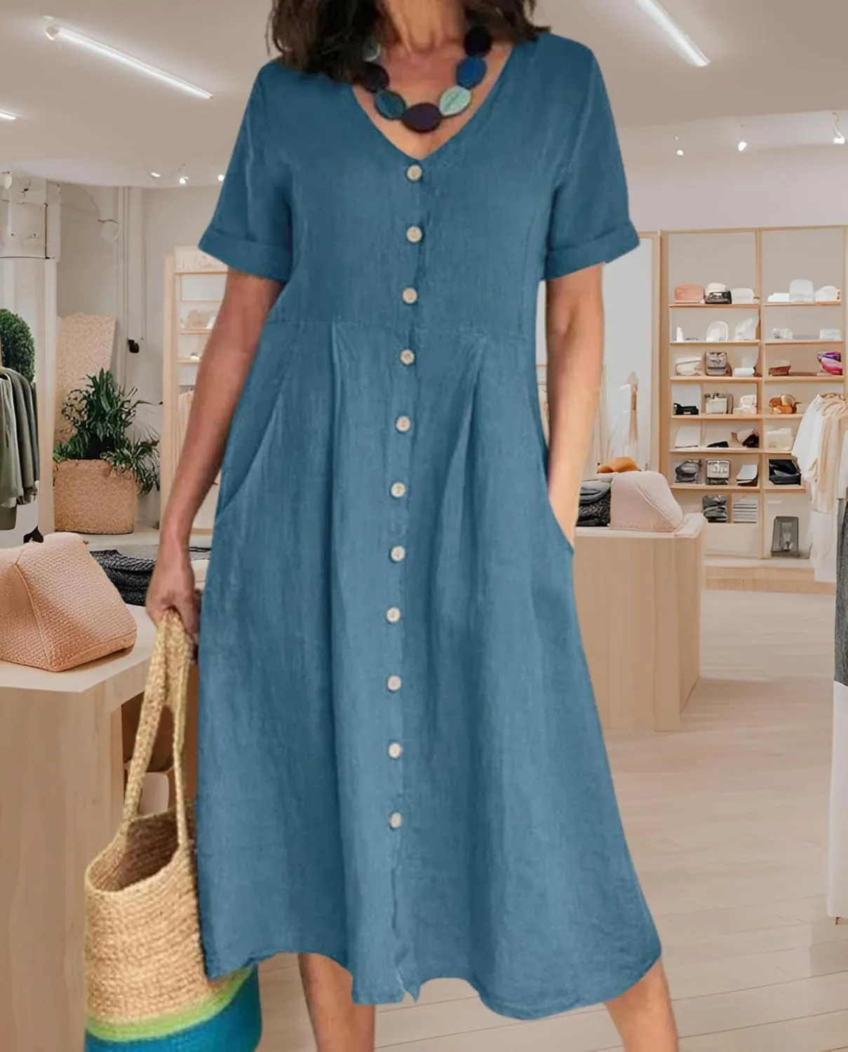 2025 Women's Cotton Linen Shirt Dress with Pockets-V-Neck Flowy Maxi Beach Dress Plus Size Empire Waist Casual Wear