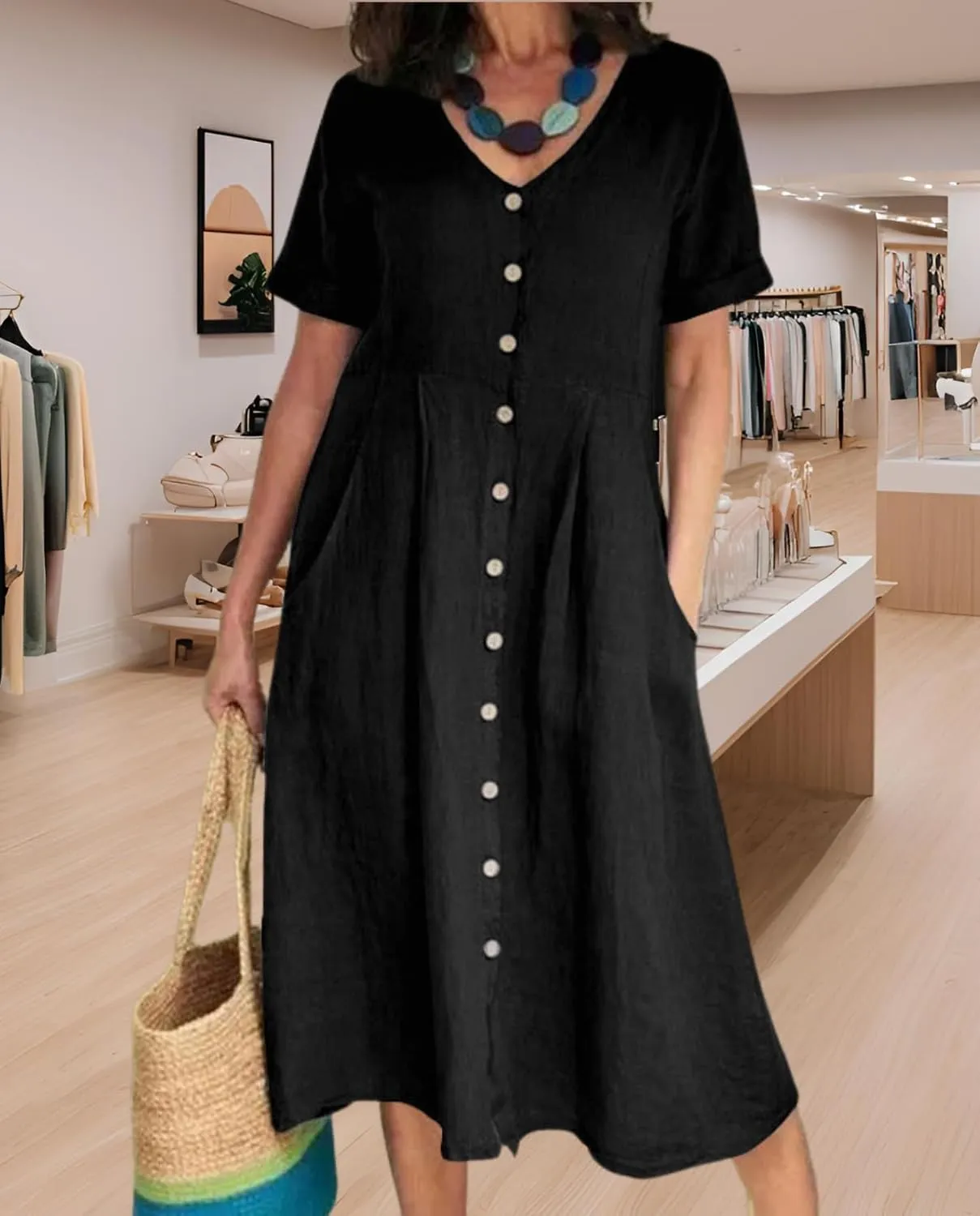2025 Women's Cotton Linen Shirt Dress with Pockets-V-Neck Flowy Maxi Beach Dress Plus Size Empire Waist Casual Wear