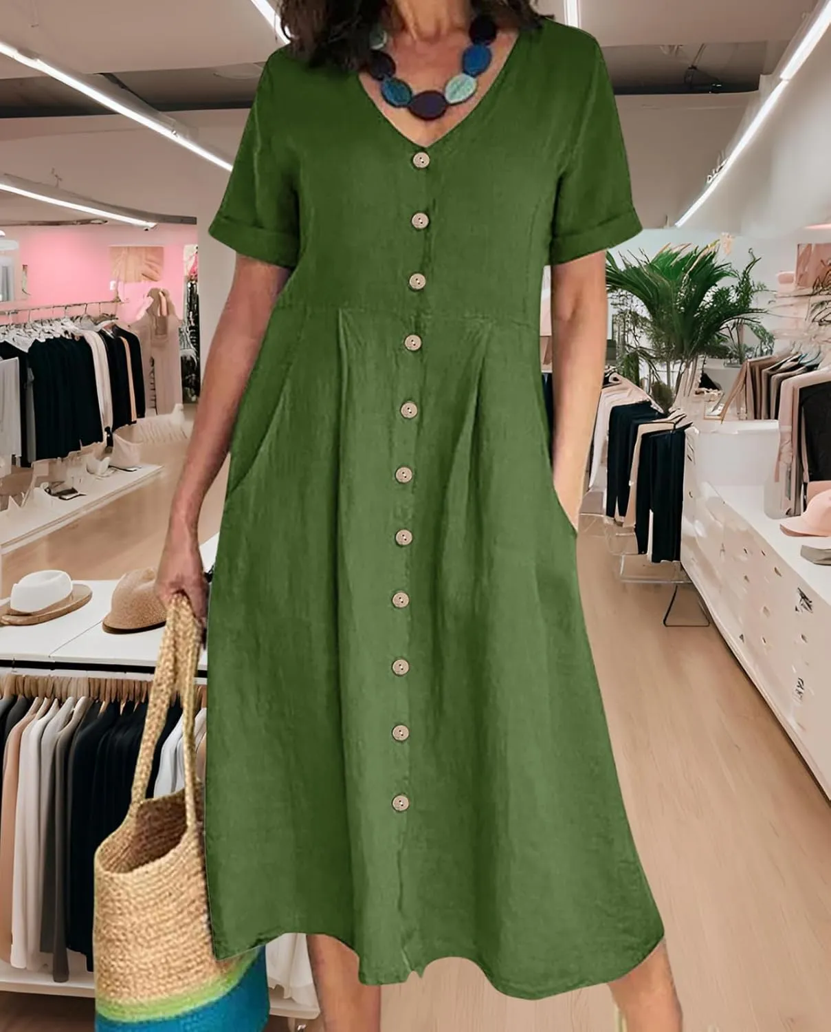 2025 Women's Cotton Linen Shirt Dress with Pockets-V-Neck Flowy Maxi Beach Dress Plus Size Empire Waist Casual Wear