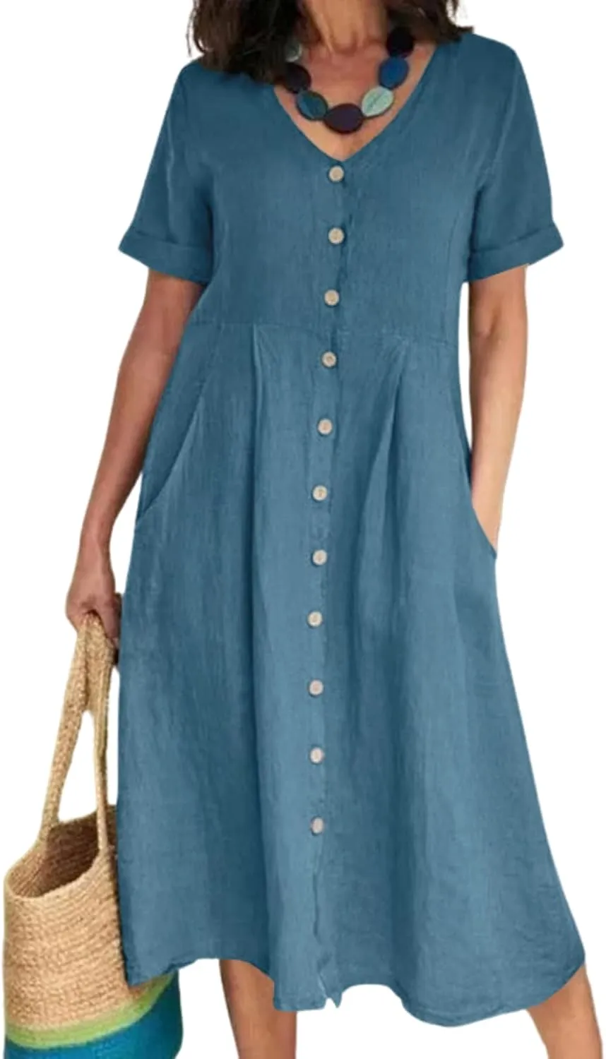 2025 Women's Cotton Linen Shirt Dress with Pockets-V-Neck Flowy Maxi Beach Dress Plus Size Empire Waist Casual Wear