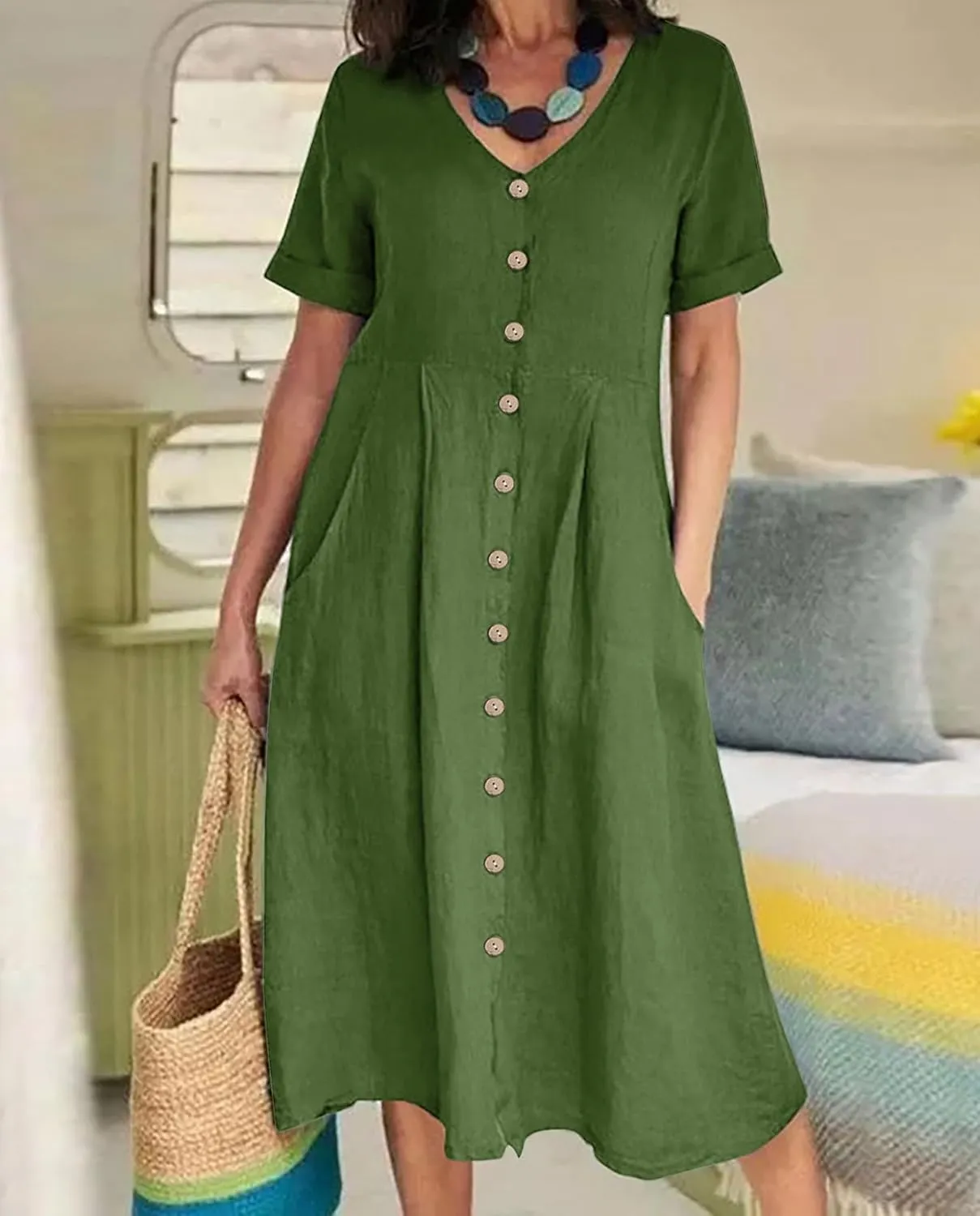2025 Women's Cotton Linen Shirt Dress with Pockets-V-Neck Flowy Maxi Beach Dress Plus Size Empire Waist Casual Wear