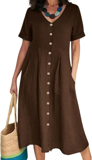 2025 Women's Cotton Linen Shirt Dress with Pockets-V-Neck Flowy Maxi Beach Dress Plus Size Empire Waist Casual Wear