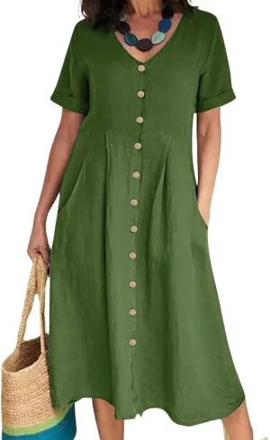 2025 Women's Cotton Linen Shirt Dress with Pockets-V-Neck Flowy Maxi Beach Dress Plus Size Empire Waist Casual Wear