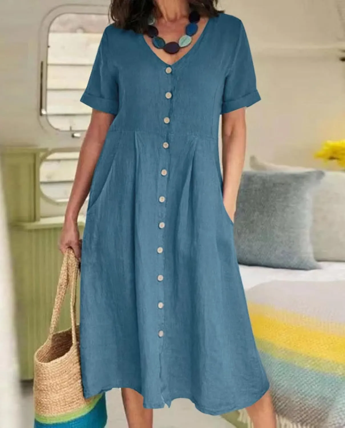 2025 Women's Cotton Linen Shirt Dress with Pockets-V-Neck Flowy Maxi Beach Dress Plus Size Empire Waist Casual Wear