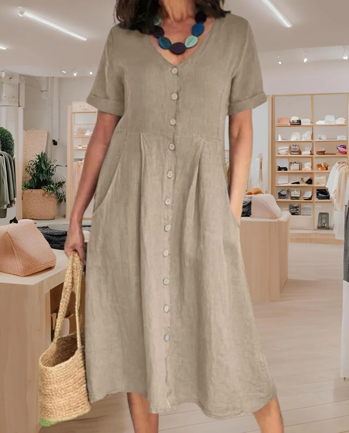 2025 Women's Cotton Linen Shirt Dress with Pockets-V-Neck Flowy Maxi Beach Dress Plus Size Empire Waist Casual Wear