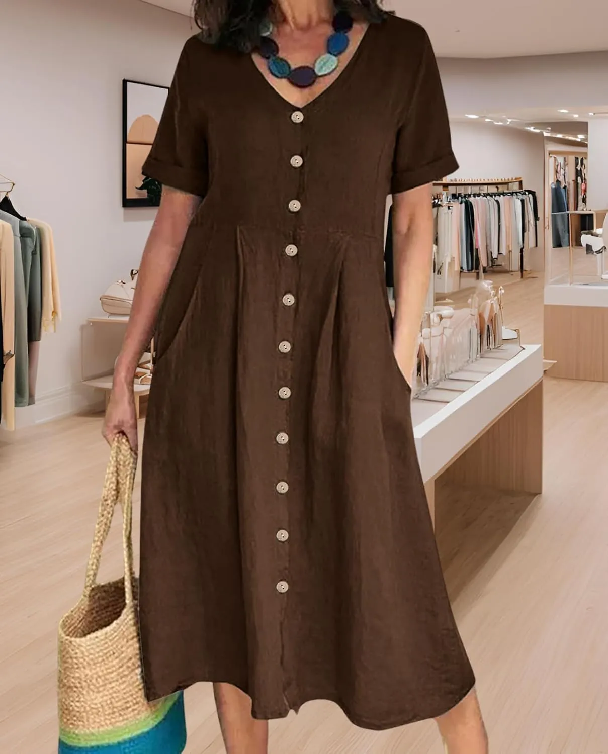 2025 Women's Cotton Linen Shirt Dress with Pockets-V-Neck Flowy Maxi Beach Dress Plus Size Empire Waist Casual Wear