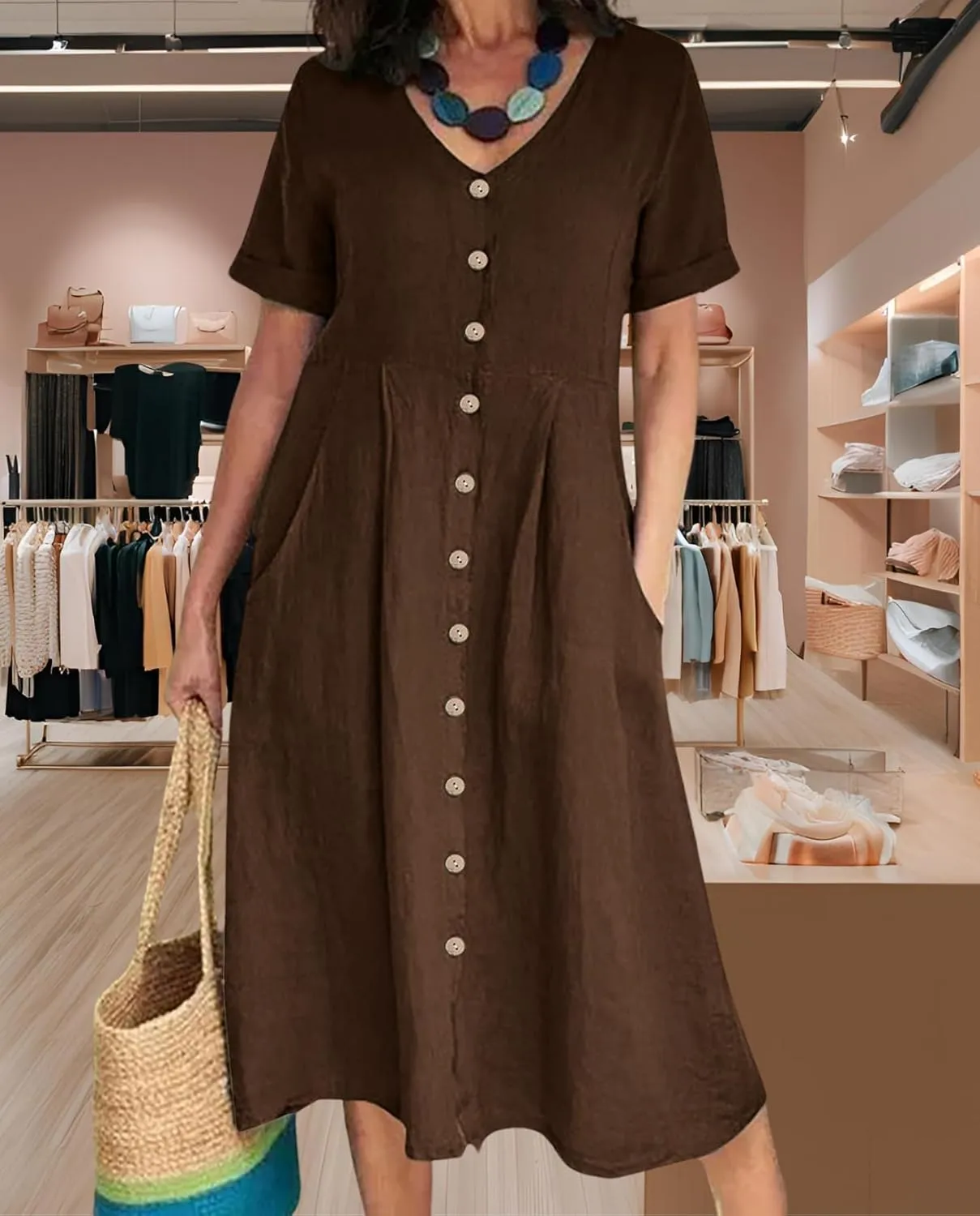 2025 Women's Cotton Linen Shirt Dress with Pockets-V-Neck Flowy Maxi Beach Dress Plus Size Empire Waist Casual Wear