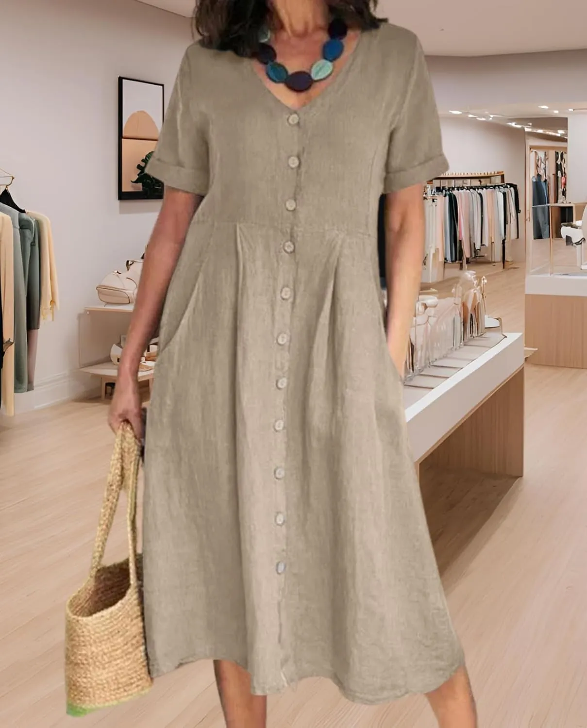 2025 Women's Cotton Linen Shirt Dress with Pockets-V-Neck Flowy Maxi Beach Dress Plus Size Empire Waist Casual Wear