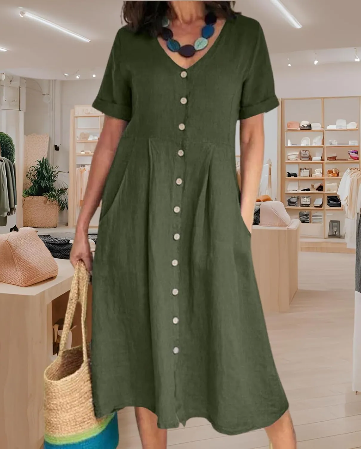 2025 Women's Cotton Linen Shirt Dress with Pockets-V-Neck Flowy Maxi Beach Dress Plus Size Empire Waist Casual Wear