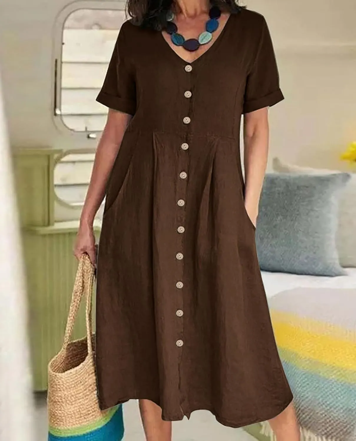 2025 Women's Cotton Linen Shirt Dress with Pockets-V-Neck Flowy Maxi Beach Dress Plus Size Empire Waist Casual Wear
