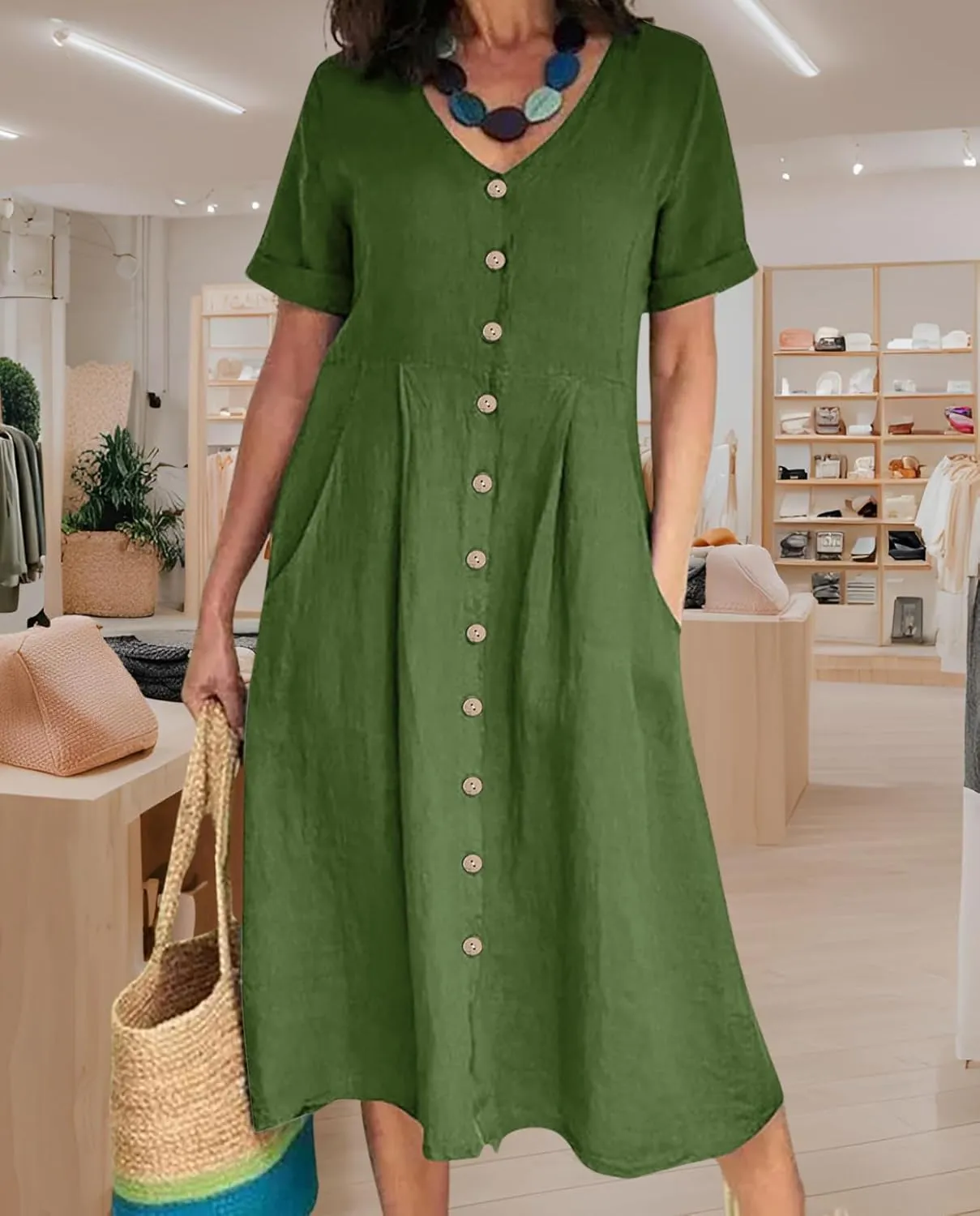 2025 Women's Cotton Linen Shirt Dress with Pockets-V-Neck Flowy Maxi Beach Dress Plus Size Empire Waist Casual Wear