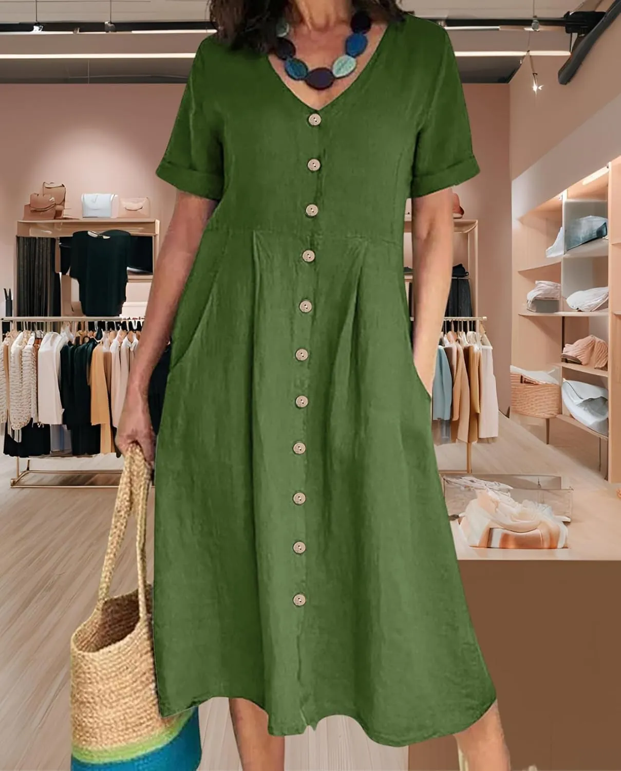 2025 Women's Cotton Linen Shirt Dress with Pockets-V-Neck Flowy Maxi Beach Dress Plus Size Empire Waist Casual Wear