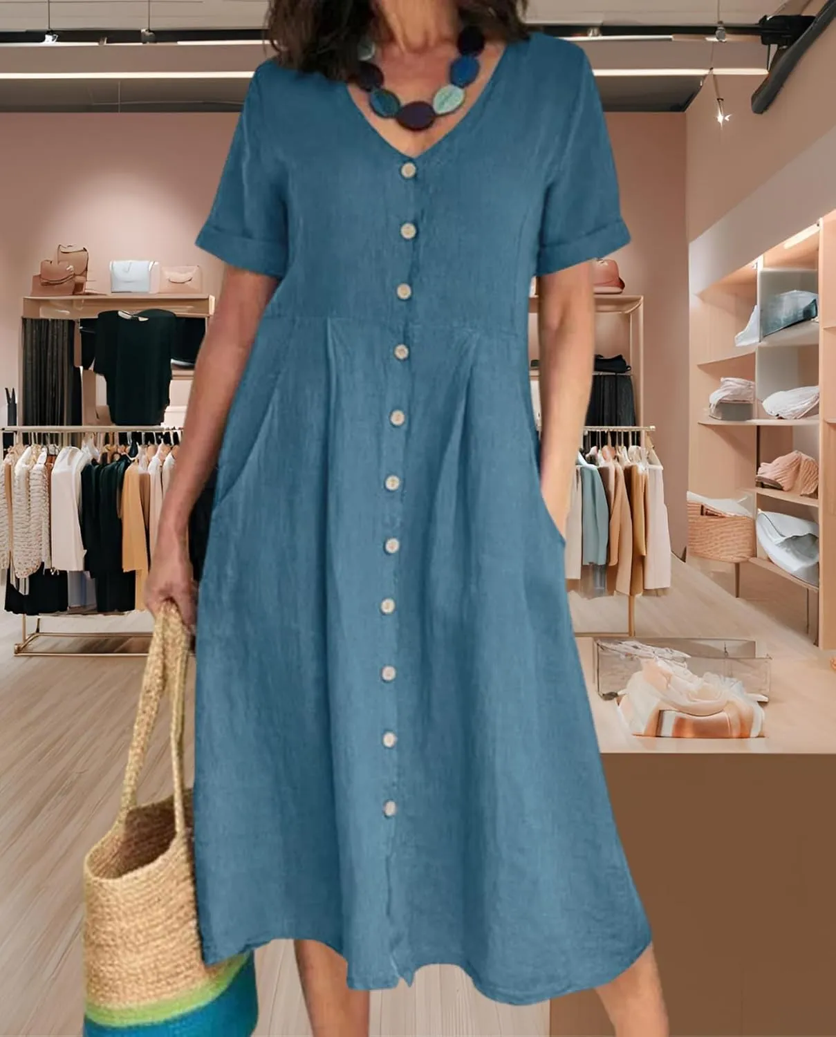 2025 Women's Cotton Linen Shirt Dress with Pockets-V-Neck Flowy Maxi Beach Dress Plus Size Empire Waist Casual Wear