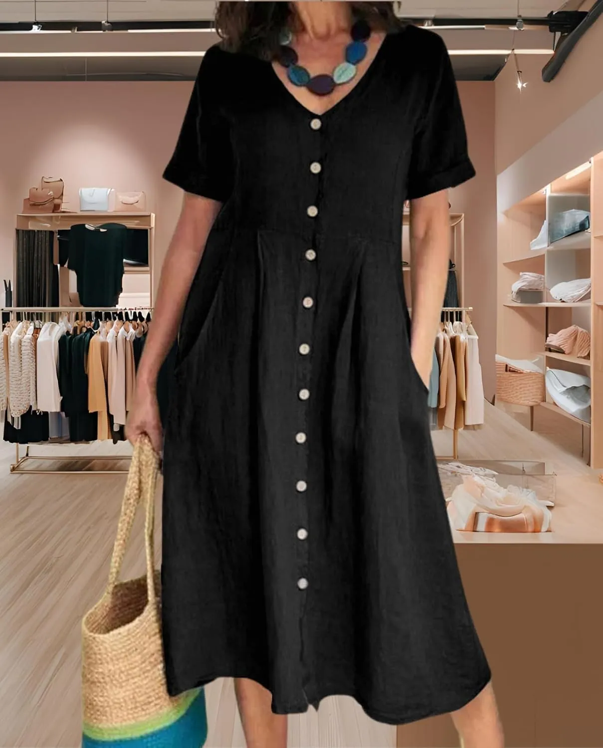 2025 Women's Cotton Linen Shirt Dress with Pockets-V-Neck Flowy Maxi Beach Dress Plus Size Empire Waist Casual Wear