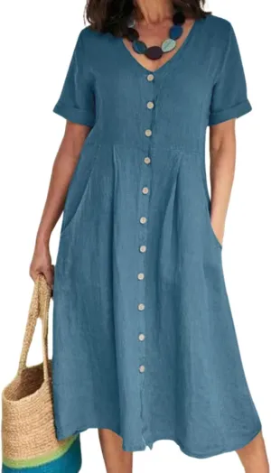 2025 Women's Cotton Linen Shirt Dress with Pockets-V-Neck Flowy Maxi Beach Dress Plus Size Empire Waist Casual Wear