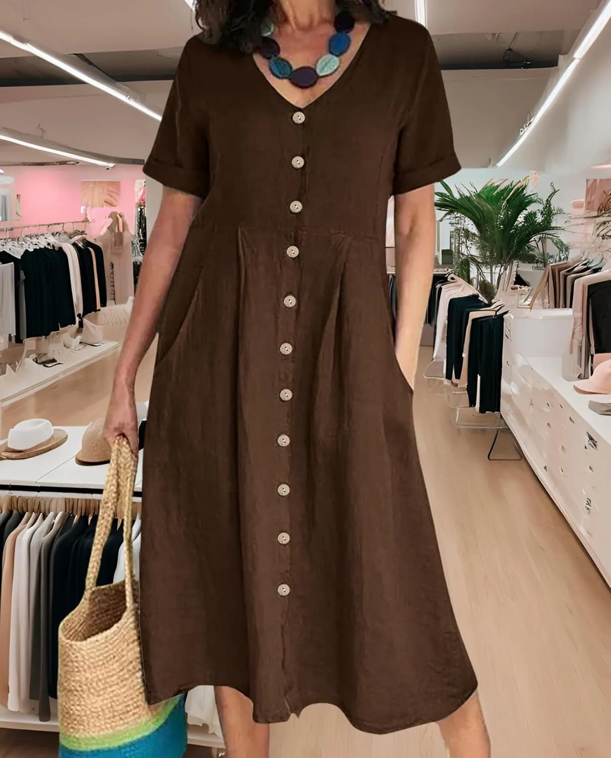 2025 Women's Cotton Linen Shirt Dress with Pockets-V-Neck Flowy Maxi Beach Dress Plus Size Empire Waist Casual Wear