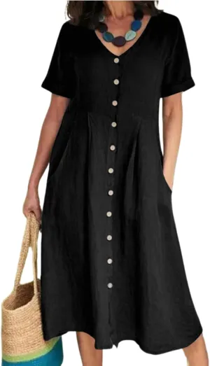 2025 Women's Cotton Linen Shirt Dress with Pockets-V-Neck Flowy Maxi Beach Dress Plus Size Empire Waist Casual Wear