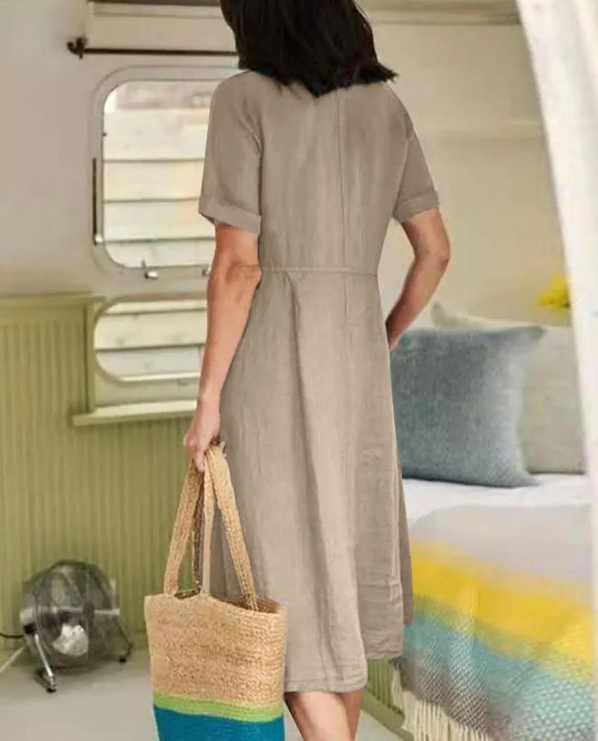 2025 Women's Cotton Linen Shirt Dress with Pockets-V-Neck Flowy Maxi Beach Dress Plus Size Empire Waist Casual Wear