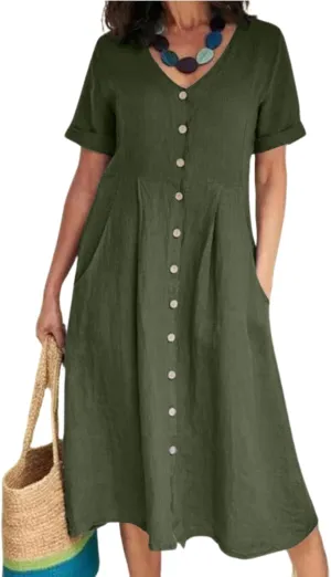 2025 Women's Cotton Linen Shirt Dress with Pockets-V-Neck Flowy Maxi Beach Dress Plus Size Empire Waist Casual Wear