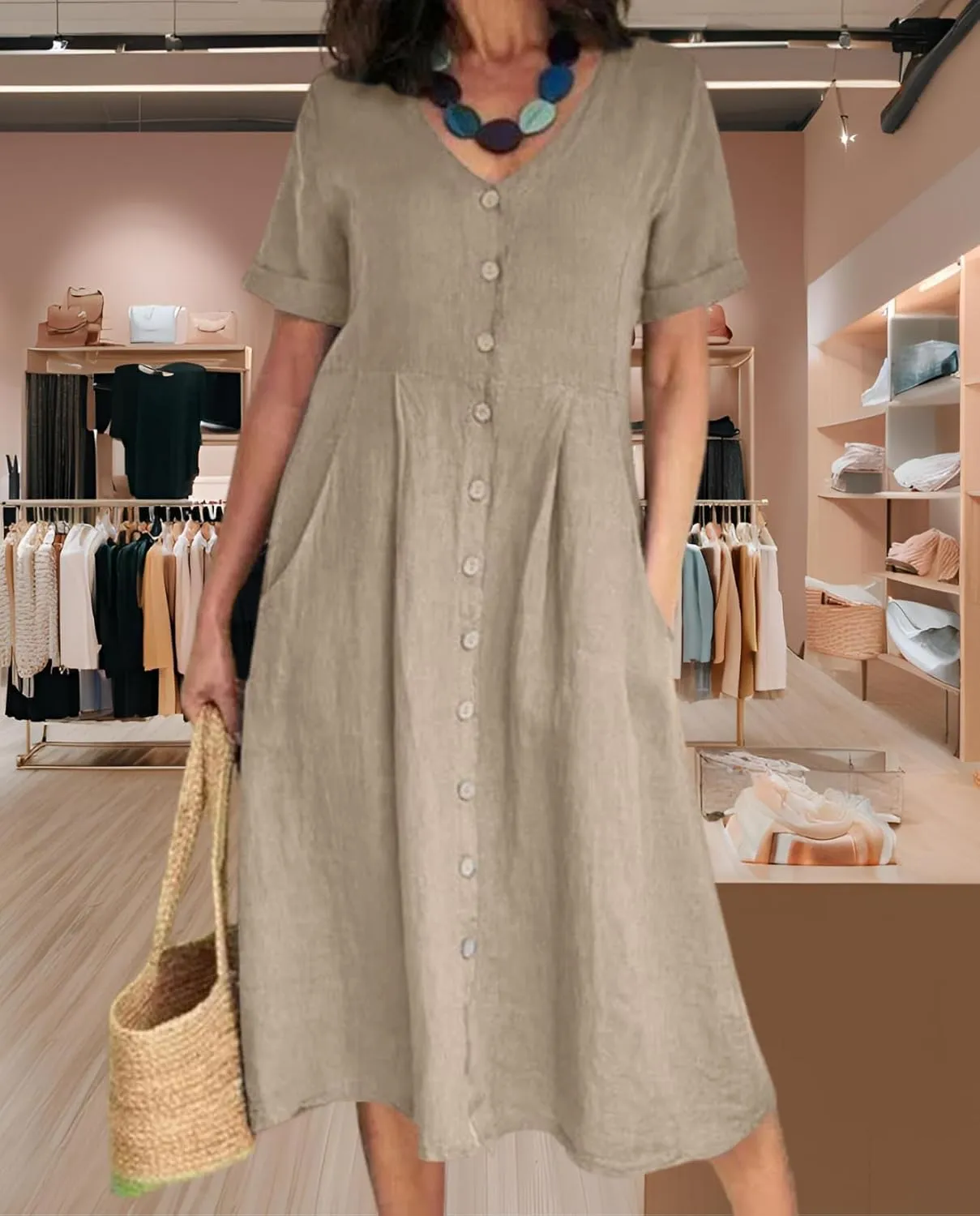 2025 Women's Cotton Linen Shirt Dress with Pockets-V-Neck Flowy Maxi Beach Dress Plus Size Empire Waist Casual Wear