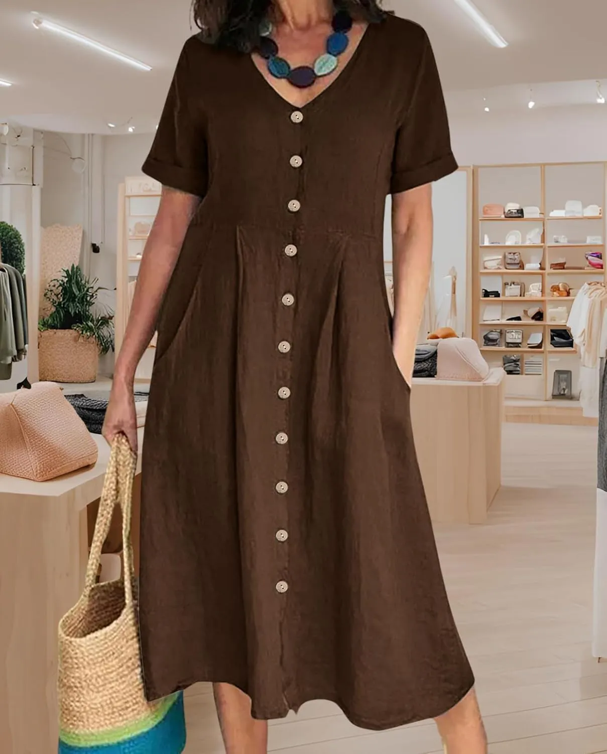 2025 Women's Cotton Linen Shirt Dress with Pockets-V-Neck Flowy Maxi Beach Dress Plus Size Empire Waist Casual Wear