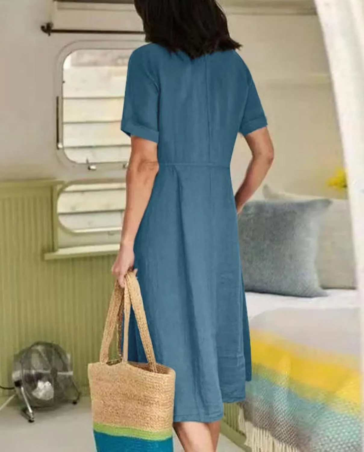 2025 Women's Cotton Linen Shirt Dress with Pockets-V-Neck Flowy Maxi Beach Dress Plus Size Empire Waist Casual Wear
