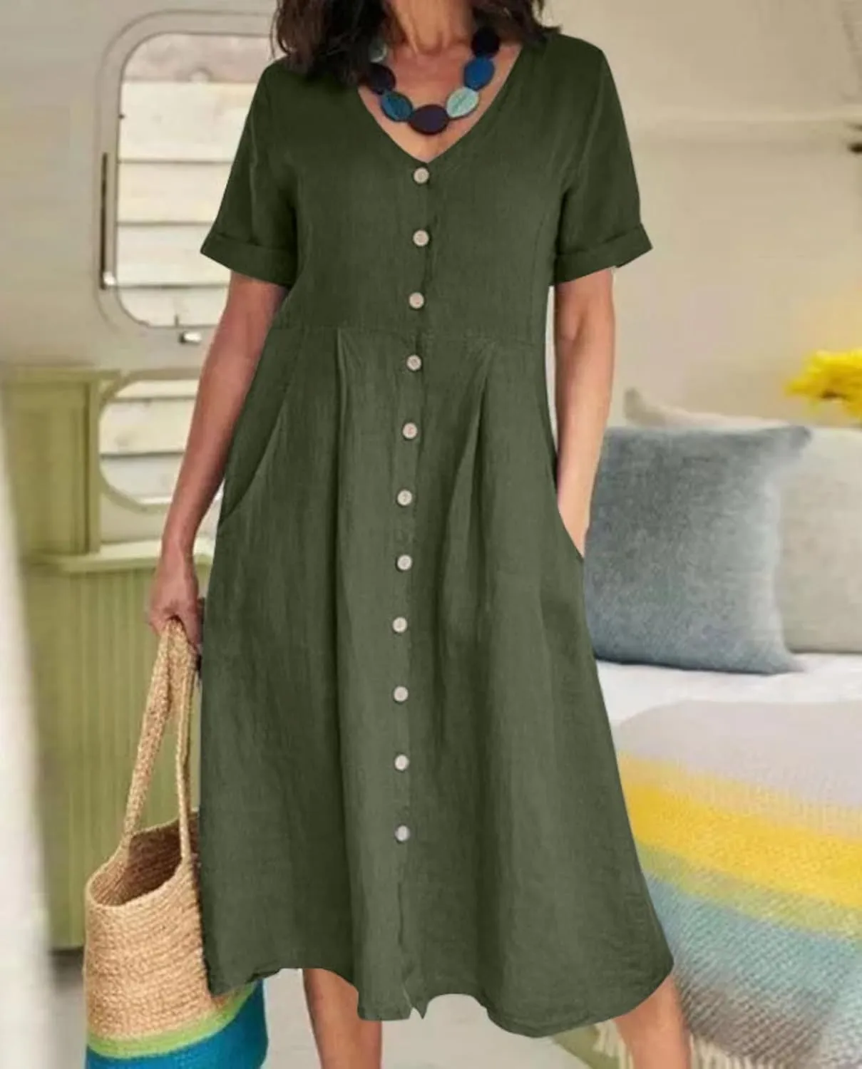2025 Women's Cotton Linen Shirt Dress with Pockets-V-Neck Flowy Maxi Beach Dress Plus Size Empire Waist Casual Wear