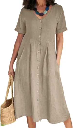 2025 Women's Cotton Linen Shirt Dress with Pockets-V-Neck Flowy Maxi Beach Dress Plus Size Empire Waist Casual Wear
