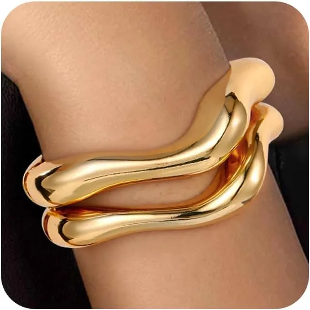 2Pcs Gold Cuff Bangle Bracelets For Women Gold Polished Thick Waterdrop Bangle Statement Bracelets Chunky Jewelry for Women