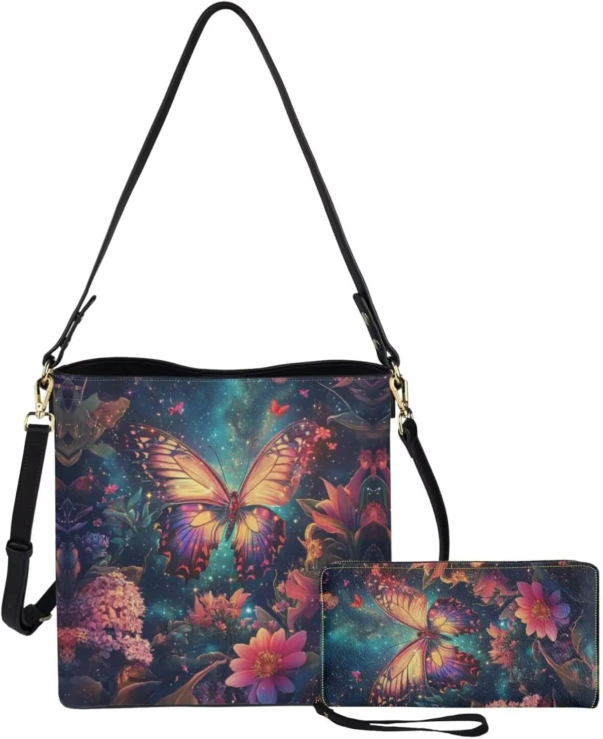 2Pcs Saddle Bags Set Bucket Bags Tote Bag for Women Wear-resistant Wristlet Wallets Large Capacity with Zipper