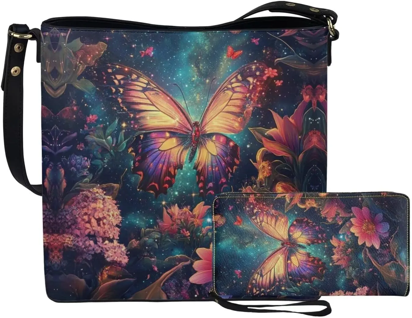 2Pcs Saddle Bags Set Bucket Bags Tote Bag for Women Wear-resistant Wristlet Wallets Large Capacity with Zipper