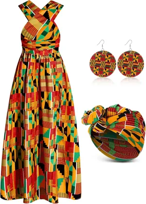 3 Pcs Women African Ankara dashiki skirt Traditional Costume Set Maxi skirt Head wrap Scarf Drop Dangle Earrings