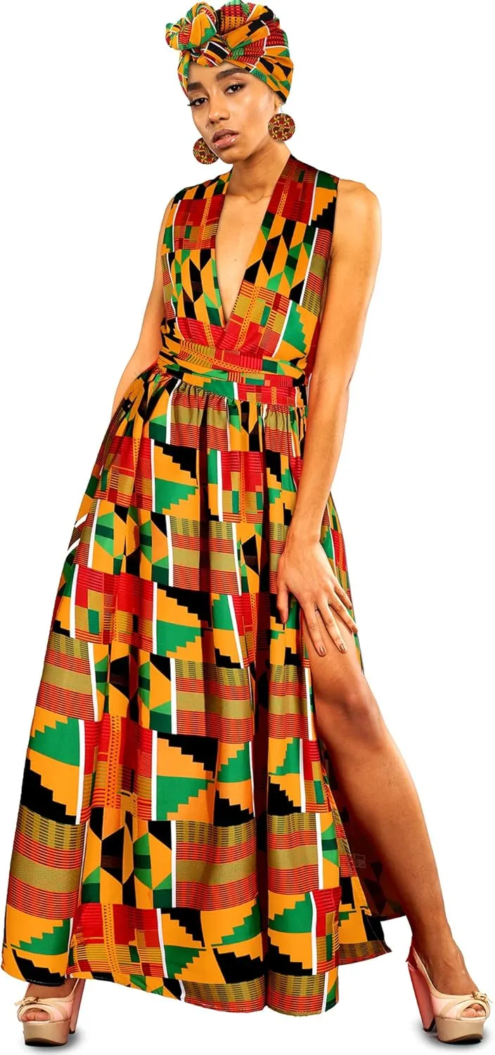 3 Pcs Women African Ankara dashiki skirt Traditional Costume Set Maxi skirt Head wrap Scarf Drop Dangle Earrings