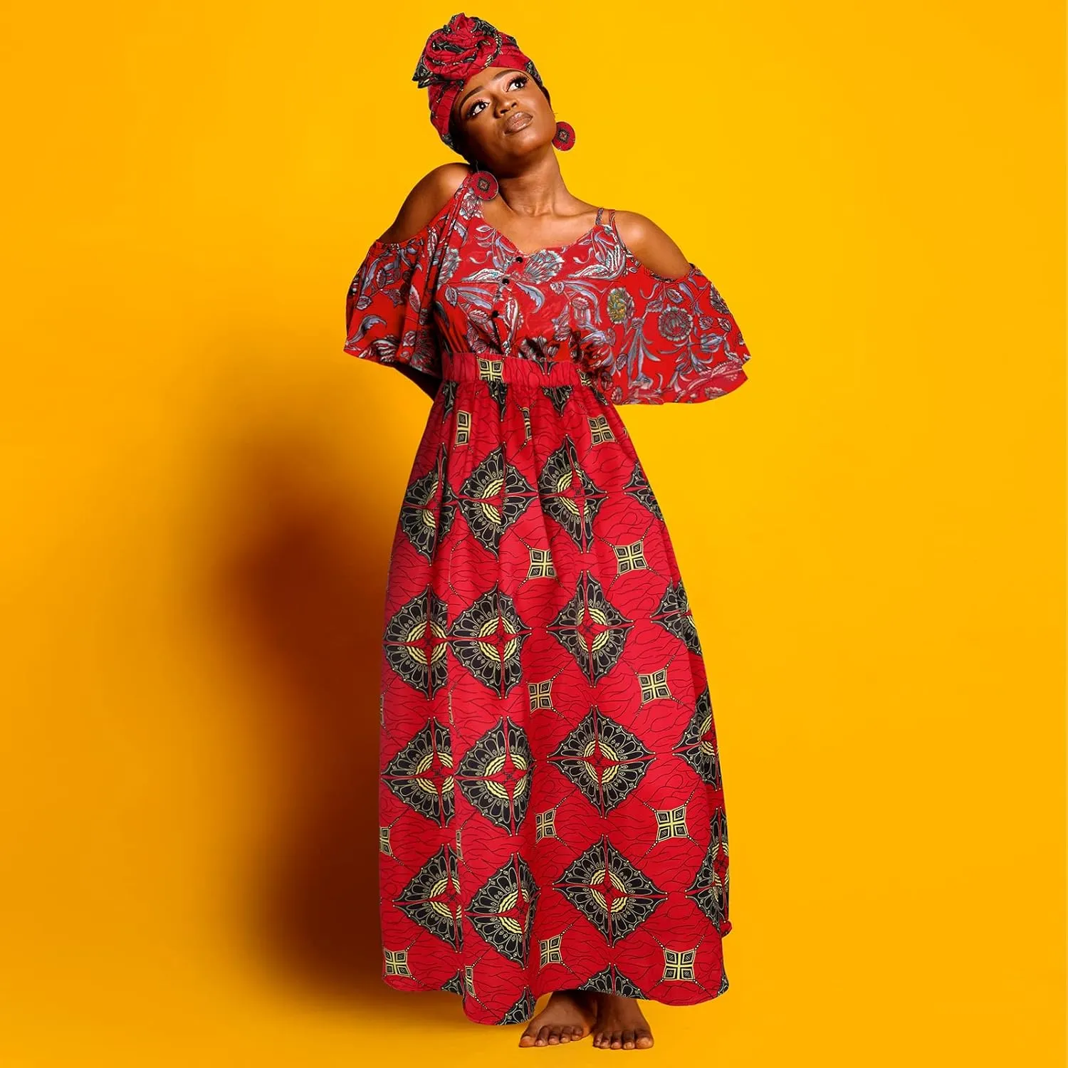 3 Pcs Women African Skirt Printed Maxi Skirt Long Skirts with Pockets Boho Casual Dress Head Wrap Scarf Drop Dangle Earrings